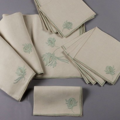 Vintage Tischdecke mit Stickereien Leinen Grün Ecrù Blumen Dekor