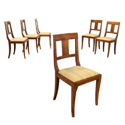 6 Chaises Anciennes Directoire Italie '800 Noyer Jambes Sabres