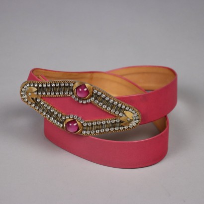 Ceinture Vintage Cuir Rose Boucle Métal Strass Allemagne Années 80