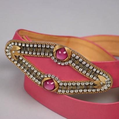 Ceinture Vintage Cuir Rose Boucle Métal Strass Allemagne Années 80