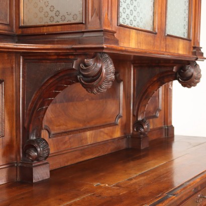 Buffet Ancien Umbertino Double Corps Italie \'800 Noyer Gravé