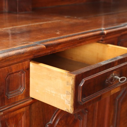 Buffet Ancien Umbertino Double Corps Italie \'800 Noyer Gravé