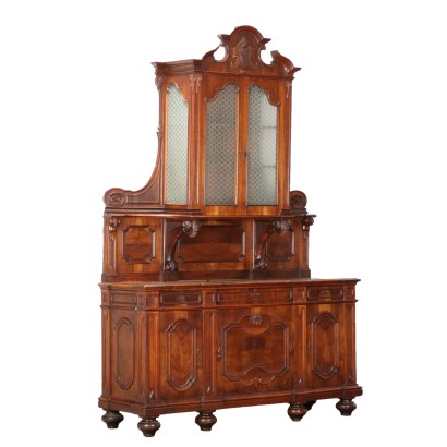 Buffet Ancien Umbertino Double Corps Italie '800 Noyer Gravé