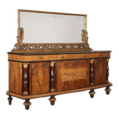 Buffet Ancien Empire Italie '900 Miroir Cadre Bois Doré