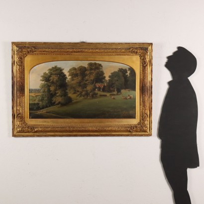 Kunst, italienische Kunst, italienische Malerei des 19. Jahrhunderts, Landschaftsmalerei mit Gebäuden und , Landschaft mit Gebäuden und Tieren