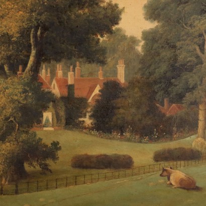 Kunst, italienische Kunst, italienische Malerei des 19. Jahrhunderts, Landschaftsmalerei mit Gebäuden und , Landschaft mit Gebäuden und Tieren