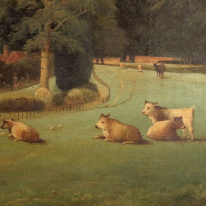 Kunst, italienische Kunst, italienische Malerei des 19. Jahrhunderts, Landschaftsmalerei mit Gebäuden und , Landschaft mit Gebäuden und Tieren