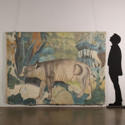 Kunst, italienische Kunst, italienische Malerei des 20. Jahrhunderts, großer Wandteppich mit Babirusa, großer Wandteppich mit Babirusa