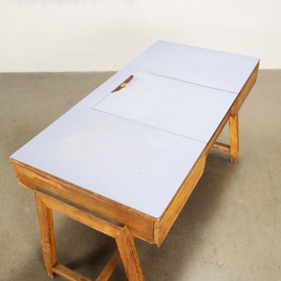 Vintage Writing Desk Italy 1950s Solid Oak Wood Openable Top