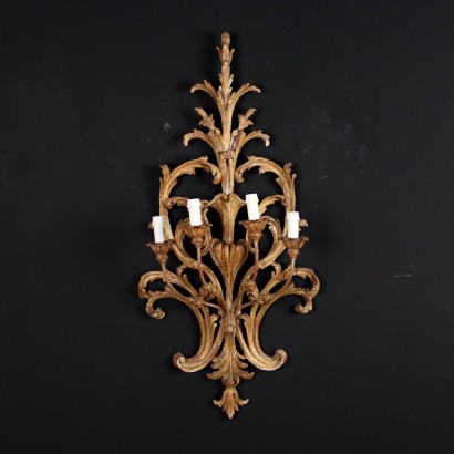 Antike Wandlampe 4 Lichtern Geschnitzes und Vergoldetes Holz Blumen
