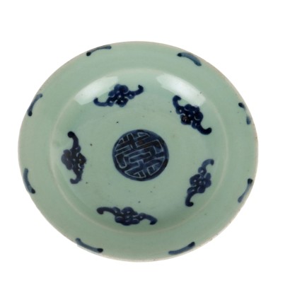Ancient Chinese Plate Qing Era Porcelain Blue Decorations Celadon