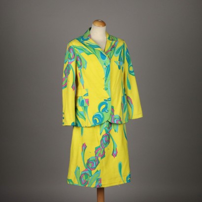 Vintage Yellow Tailleur Florence 1970s Size 12 Jacket Skirt Cotton