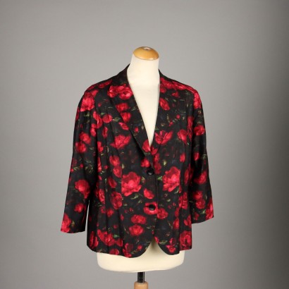 Vintage Jacket Italy 1990s Size 10 Black Satin Printed Red Roses