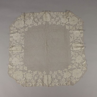 Antiker Tischdecke '900 Filet Baumwolle Beige Stickereien Blumen
