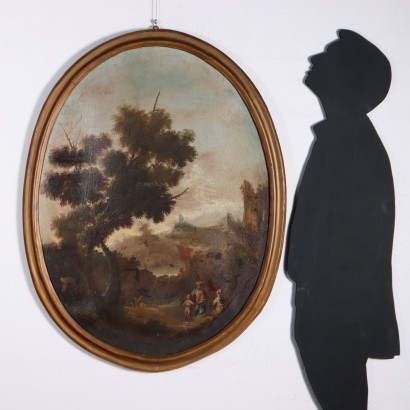 Dipinto ovale con Paesaggio e Figure,Paesaggio con figure,Dipinto ovale con Paesaggio e Figure