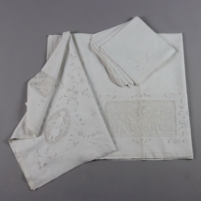 Nappe Ancien avec 12 Napperons '900 Lin Inserts en Filet Point Plein