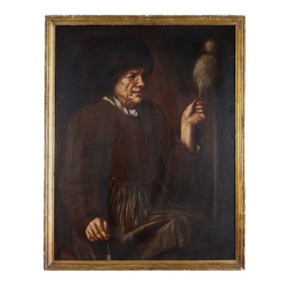 Dipinto con Ritratto di  Anziana che fila la Lana