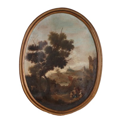 Dipinto ovale con Paesaggio e Figure