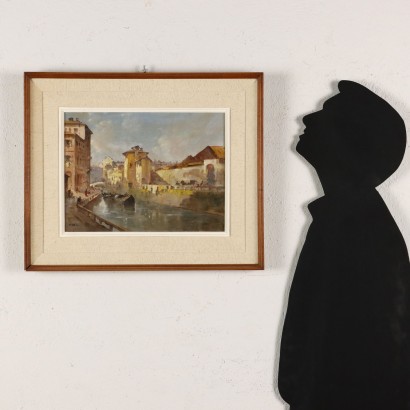 Painting signed Giovanni Riva, View of the Naviglio in Milan, Giovanni Riva, Giovanni Riva, Giovanni Riva, Giovanni Riva