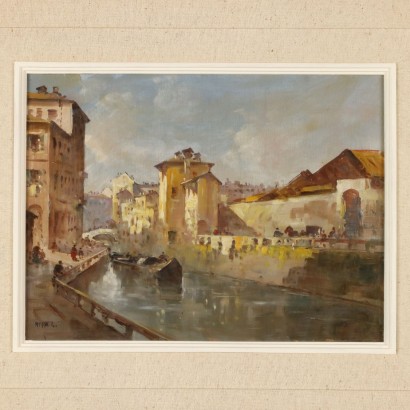 Painting signed Giovanni Riva, View of the Naviglio in Milan, Giovanni Riva, Giovanni Riva, Giovanni Riva, Giovanni Riva