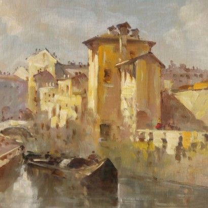 Painting signed Giovanni Riva, View of the Naviglio in Milan, Giovanni Riva, Giovanni Riva, Giovanni Riva, Giovanni Riva