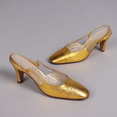 Chaussures Vintage Slingback Pointure 38 Milan Années 60-70 Cuir Or