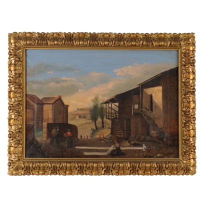 Ancient Painting Late '800 Mountain View with Figures Oil on Canvas