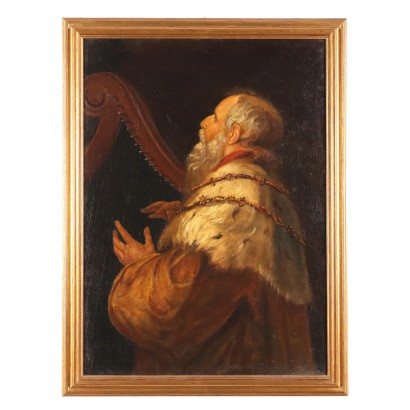 Ancient Painting '800-'900 King David Playing the Harp Oil on Canvas F