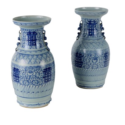 Ancient Baluster Shaped Vases First Half '900 Blue Painted Porcelain