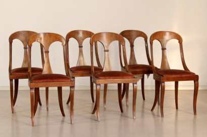 Bottega del 900, Stilmöbel, Gruppe sechs Stühle, sechs Stühle, 20. Jahrhundert, 20. Jahrhundert Stühle, 900, 900 Stühle, Stühle, Stühle Nussbaum Italien
