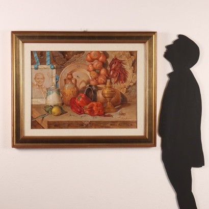 Painting by Vincenzo Buscicchio, Composition with vegetables and pottery, Vincenzo Buscicchio, Vincenzo Buscicchio, Vincenzo Buscicchio