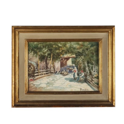 Tableau Paolo Sala Aperçu d'un Village Aquarelle Art '900