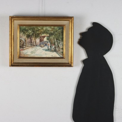 Peinture de Paolo Sala, Aperçu du village avec des paysannes et des armes, Paolo Sala, Paolo Sala, Paolo Sala, Paolo Sala