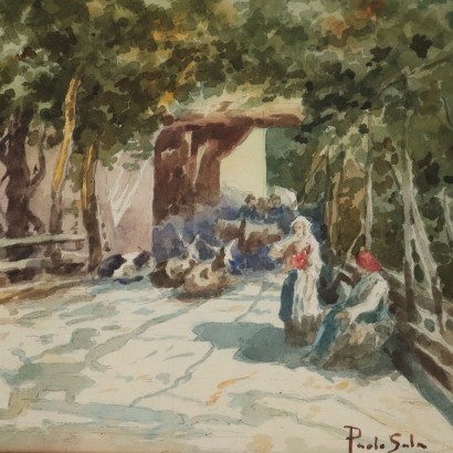 Peinture de Paolo Sala, Aperçu du village avec des paysannes et des armes, Paolo Sala, Paolo Sala, Paolo Sala, Paolo Sala