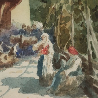 Peinture de Paolo Sala, Aperçu du village avec des paysannes et des armes, Paolo Sala, Paolo Sala, Paolo Sala, Paolo Sala