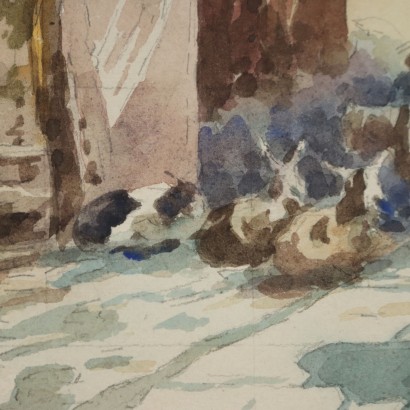 Peinture de Paolo Sala, Aperçu du village avec des paysannes et des armes, Paolo Sala, Paolo Sala, Paolo Sala, Paolo Sala