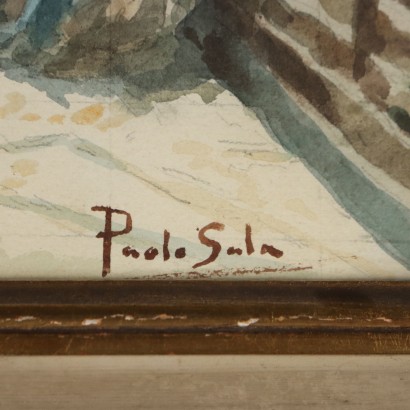 Peinture de Paolo Sala, Aperçu du village avec des paysannes et des armes, Paolo Sala, Paolo Sala, Paolo Sala, Paolo Sala