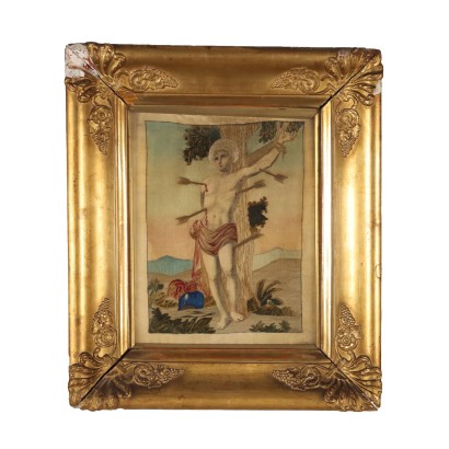 Broderie avec Saint Sébastien Soie Peinture Ancienne Art