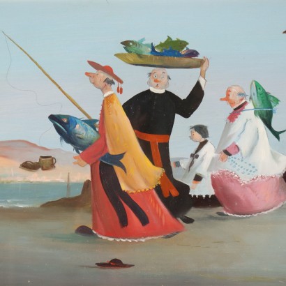 Peinture de Pietro Ardito, Clercs avec poisson, Pietro Ardito, Pietro Ardito, Pietro Ardito