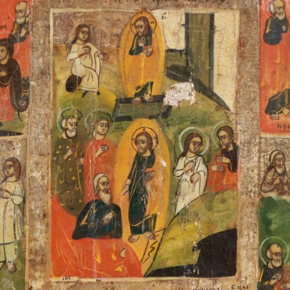 Russische Volksikone, russische Ikone mit Szenen aus dem Evangelium