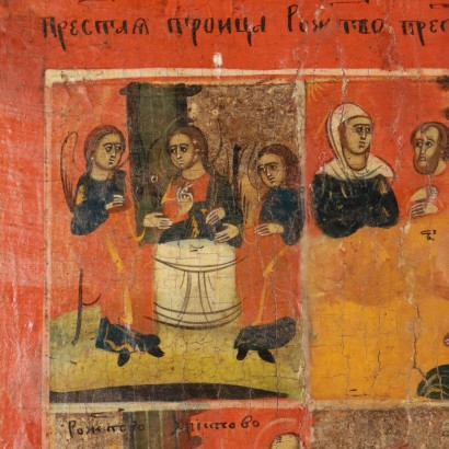Russische Volksikone, russische Ikone mit Szenen aus dem Evangelium