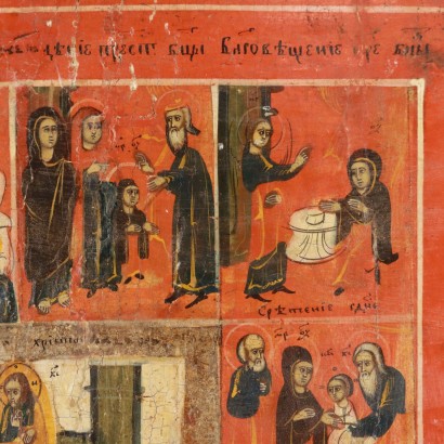 Russische Volksikone, russische Ikone mit Szenen aus dem Evangelium