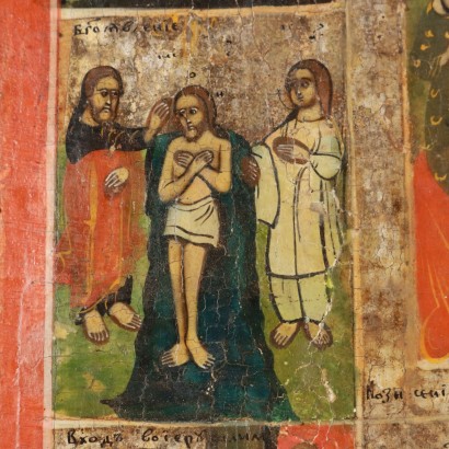 Russische Volksikone, russische Ikone mit Szenen aus dem Evangelium