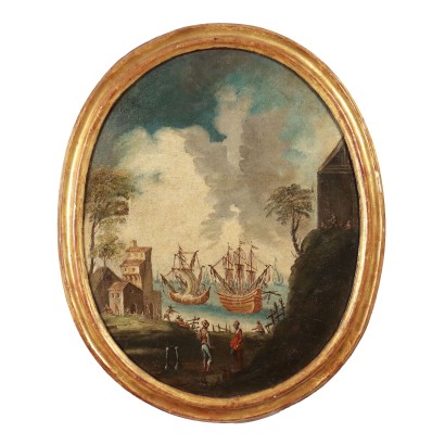 Cuadro ovalado con escena marinera