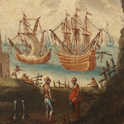 Tableau ovale avec scène maritime