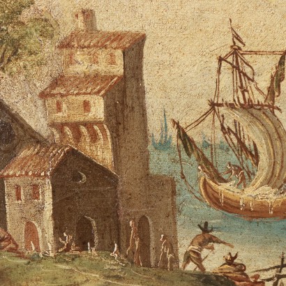 Tableau ovale avec scène maritime