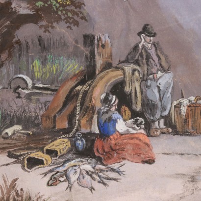 Peint avec Scène de Genre Maritime, La famille du pêcheur