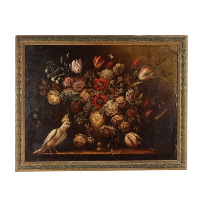 Peinture de Nature morte aux fleurs et ,Nature morte aux fleurs et perroquet
