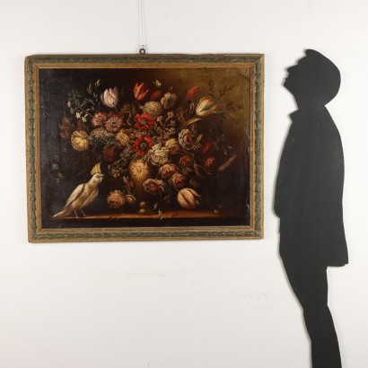 Peinture de Nature morte aux fleurs et ,Nature morte aux fleurs et perroquet