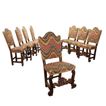 Groupe de 8 Chaises Baroque Noyer Italie XVIIe-XVIIIe Siècle